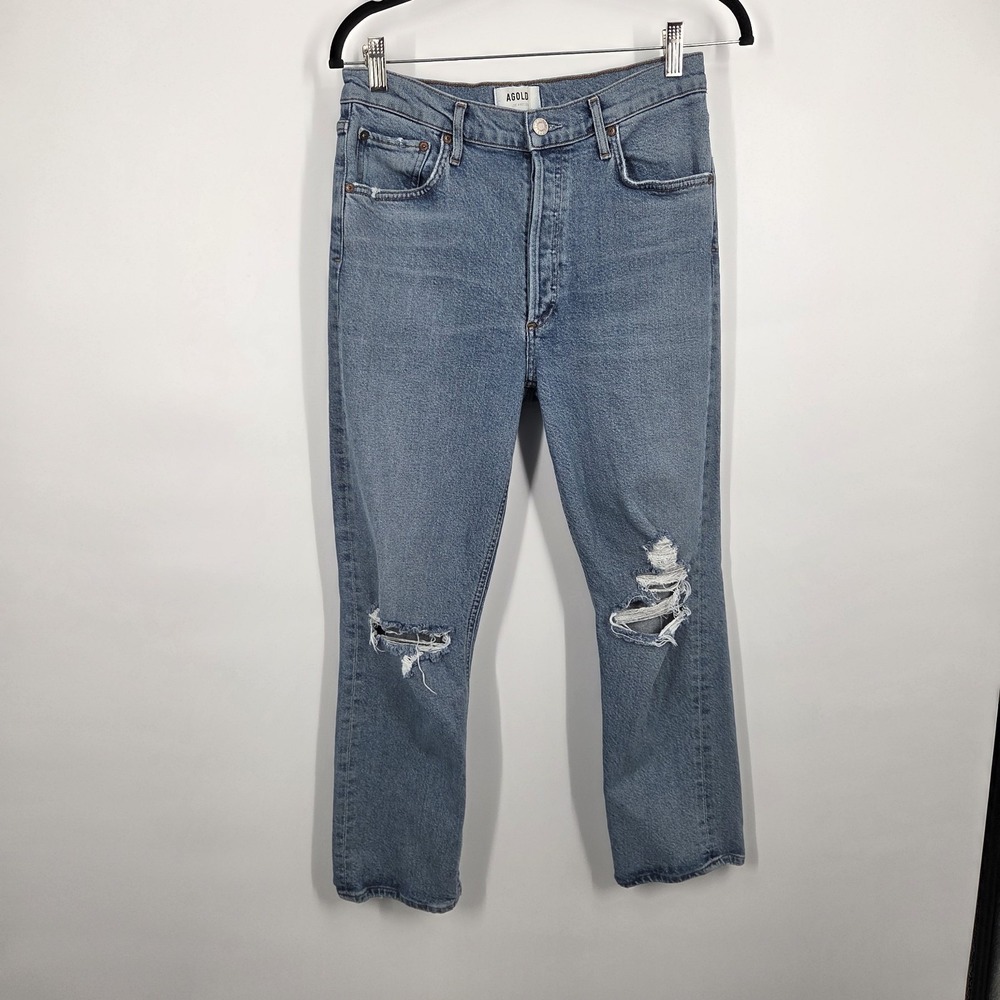 AGOLDE Riley High Rise Straight Crop Distressed Denim Button-fly Jeans Size 28